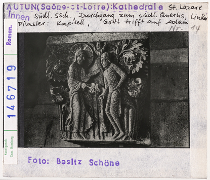 Vorschaubild Autun: Kathedrale Saint-Lazare, südl. Seitenschiff, Durchgang zum Querhaus, linker Pilaster, Kapitell, Gott und Adam 